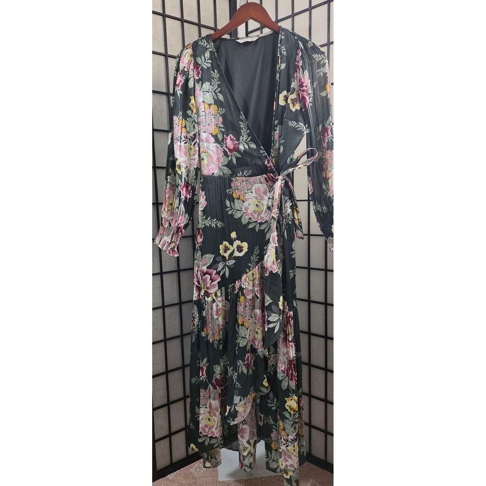 LC Lauren Conrad Floral Wrap Maxi Dress Green Pink Long Sleeve Smocked M - Picture 4 of 6